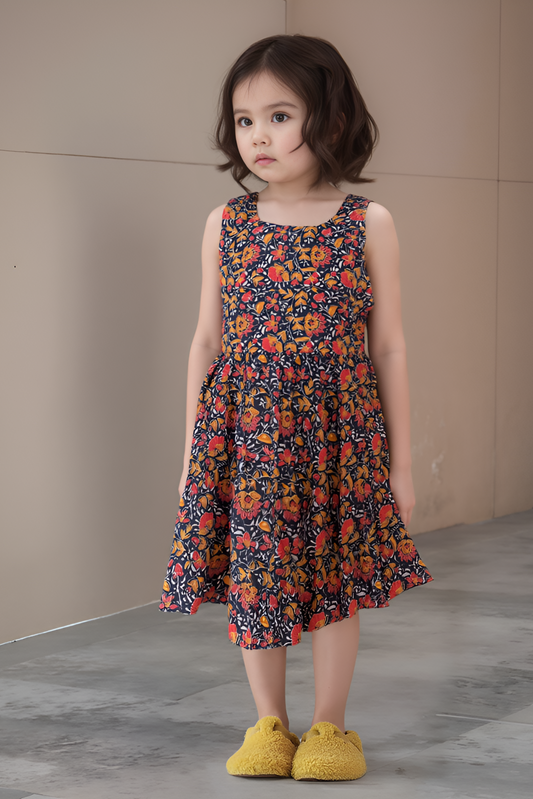 A girl wearing a sleeveless knee-length floral print dress in sea green color with yellow shoes.