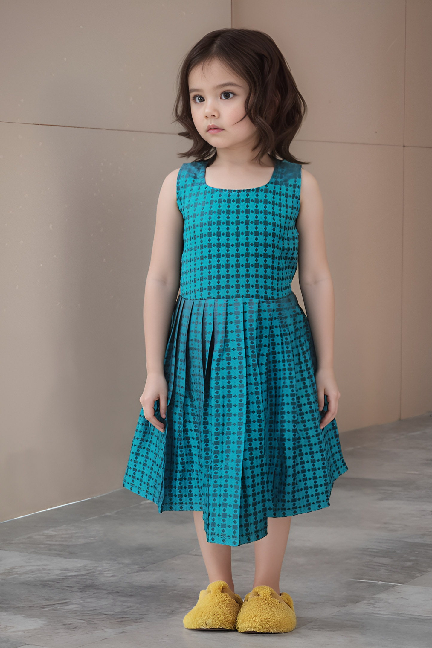 A girl wearing a blue sleeveless dress with a black geometric print and yellow shoes.