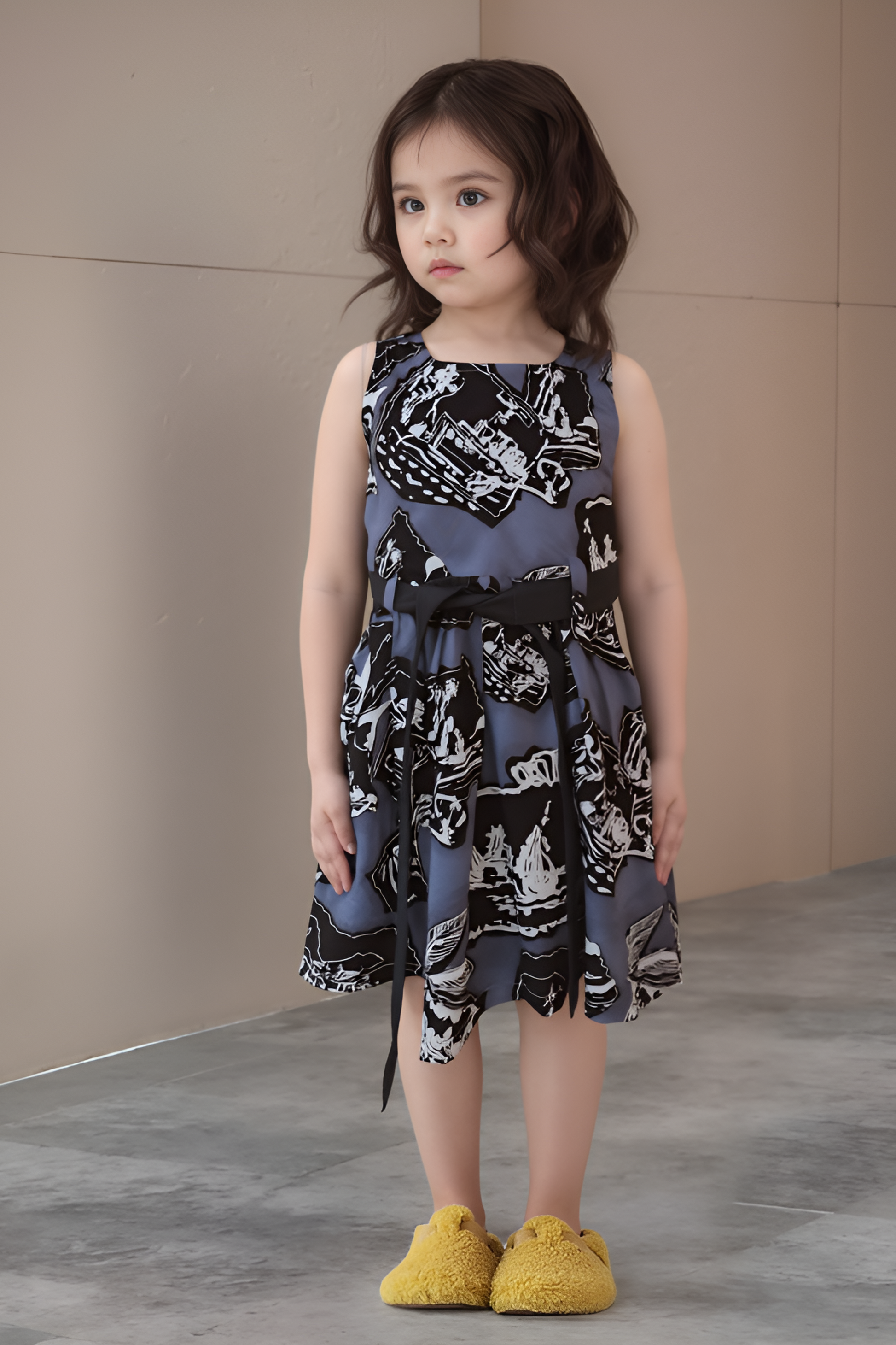 A child model wearing a knee-length sleeveless grey dress with a patterned design and a waist belt, paired with yellow shoes.