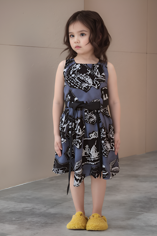 A child model wearing a knee-length sleeveless grey dress with a patterned design and a waist belt, paired with yellow shoes.