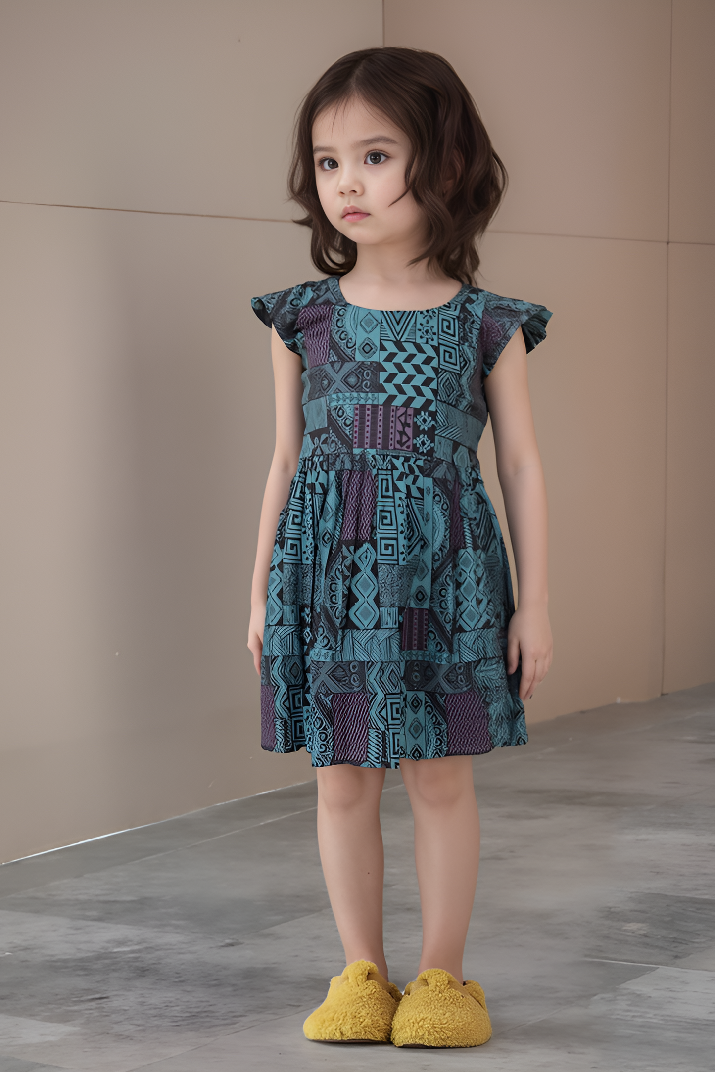 A girl wearing a knee-length blue frock with a geometric pattern, cap sleeves, and frill at the hem, paired with yellow footwear.