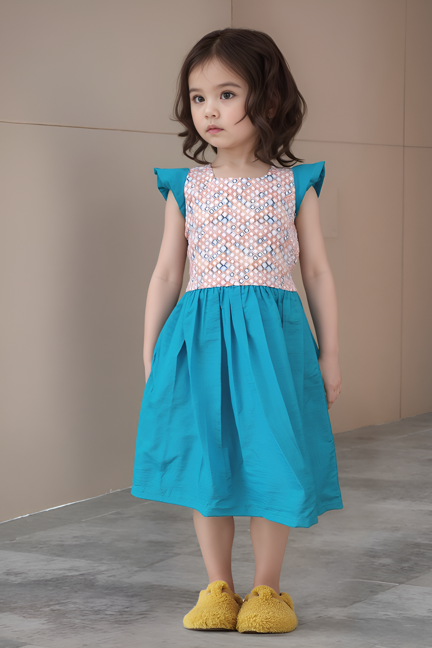 Young girl wearing a blue dress with a patterned top against a plain background