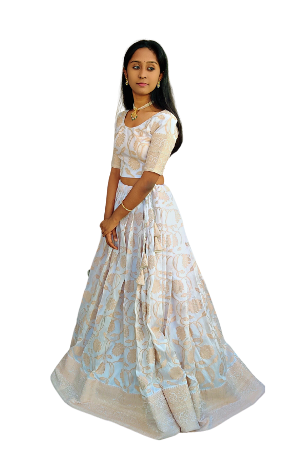 Chanderi White Lehenga with Maroon Dupatta