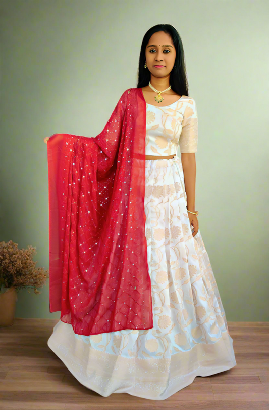 Chanderi White Lehenga with Maroon Dupatta