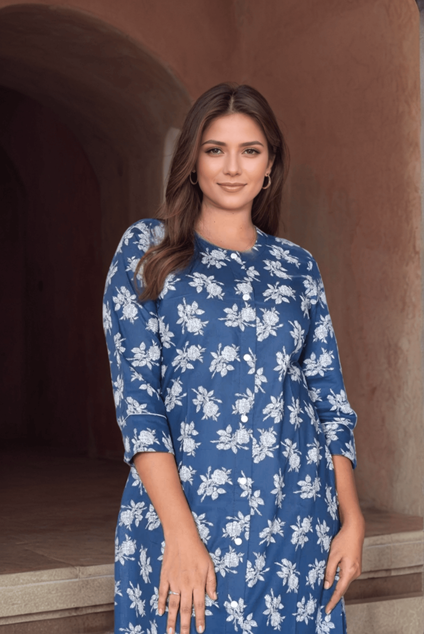 Premium Blue with white floral print kurti