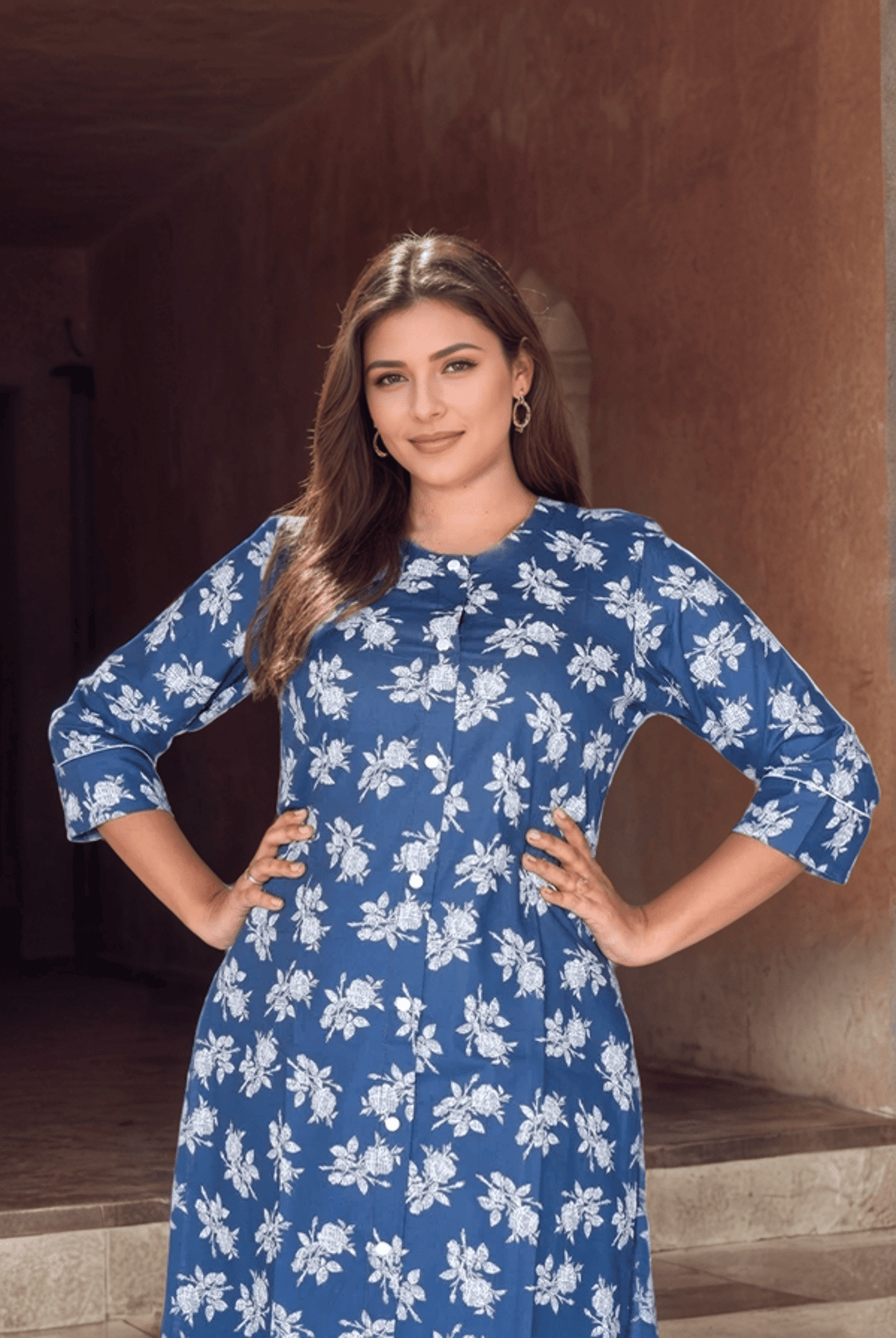 Premium Blue with white floral print kurti