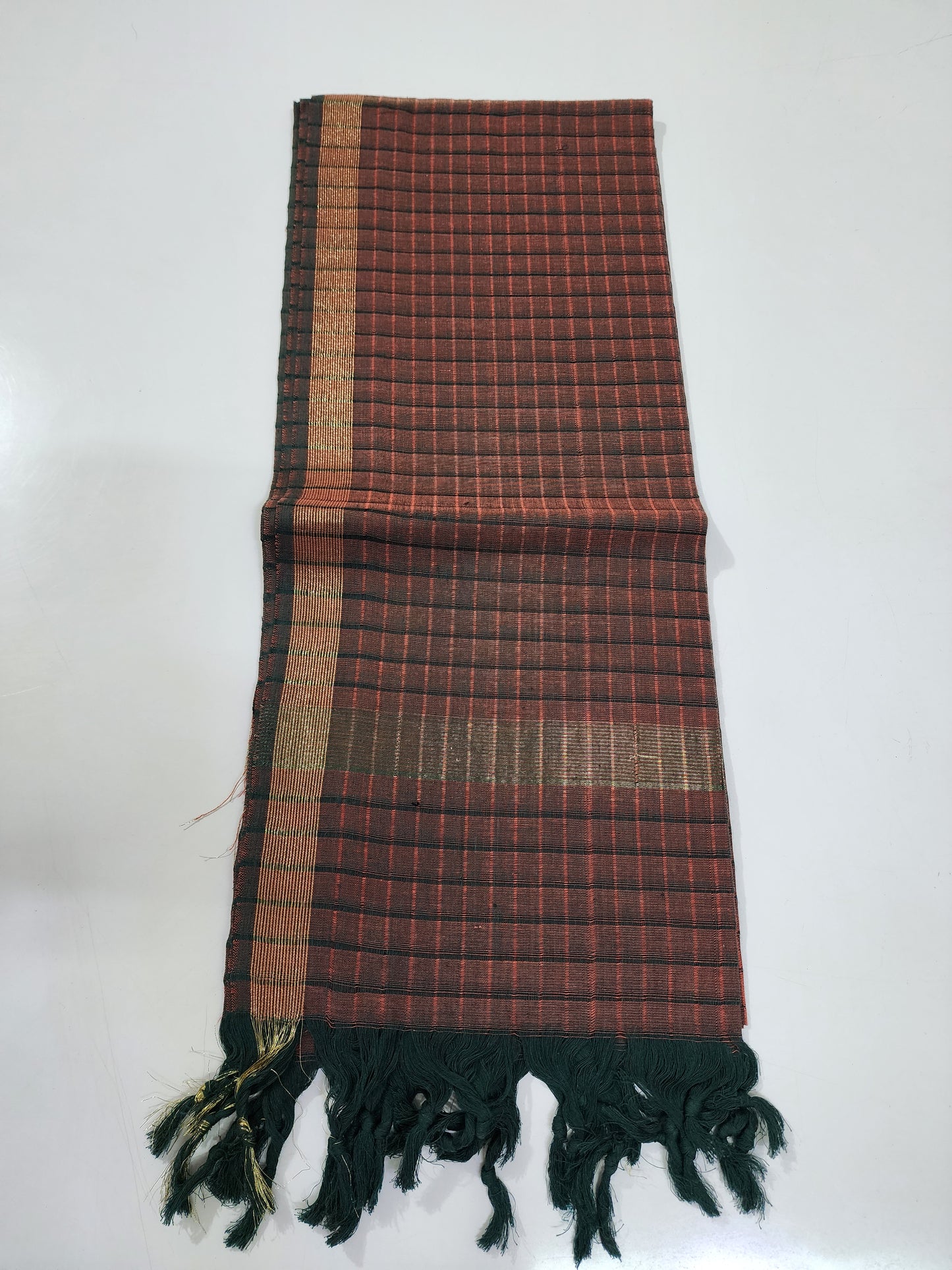 Handloom Cotton bottle green Maroon checks Dupatta