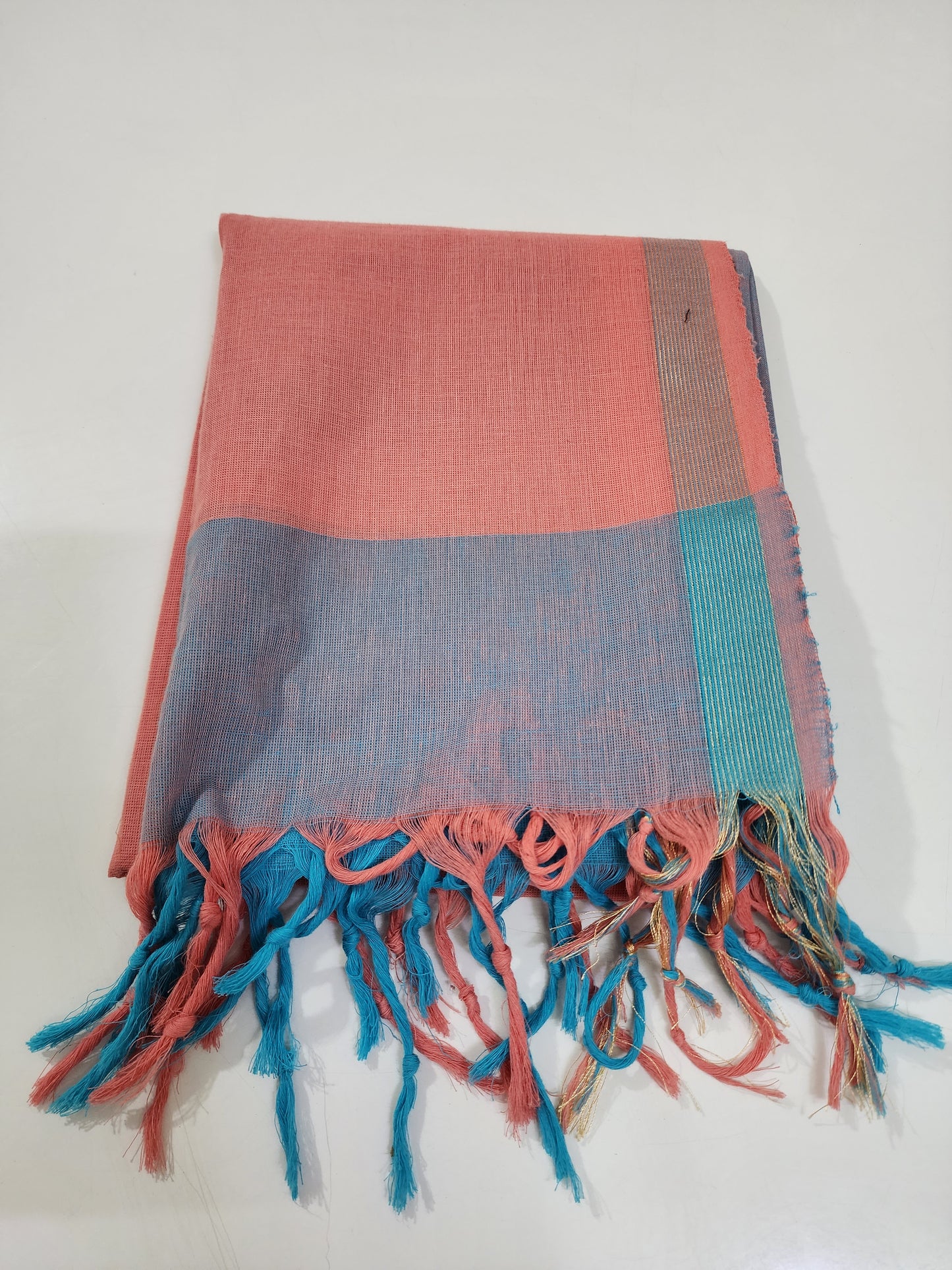 Handloom Cotton Peach & Blue Dupatta