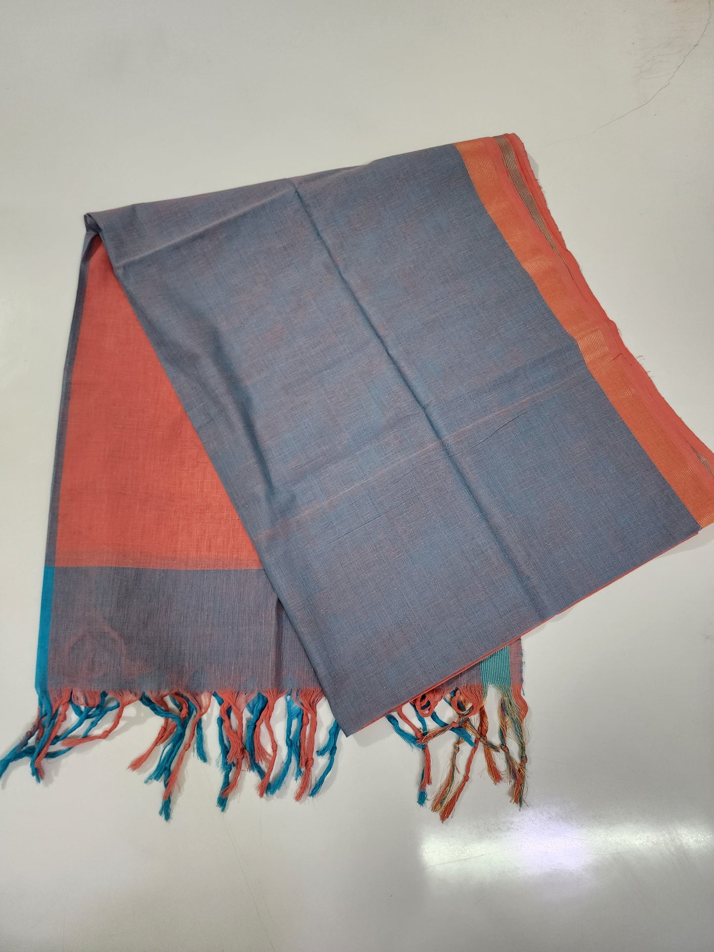 Handloom Cotton Peach & Blue Dupatta