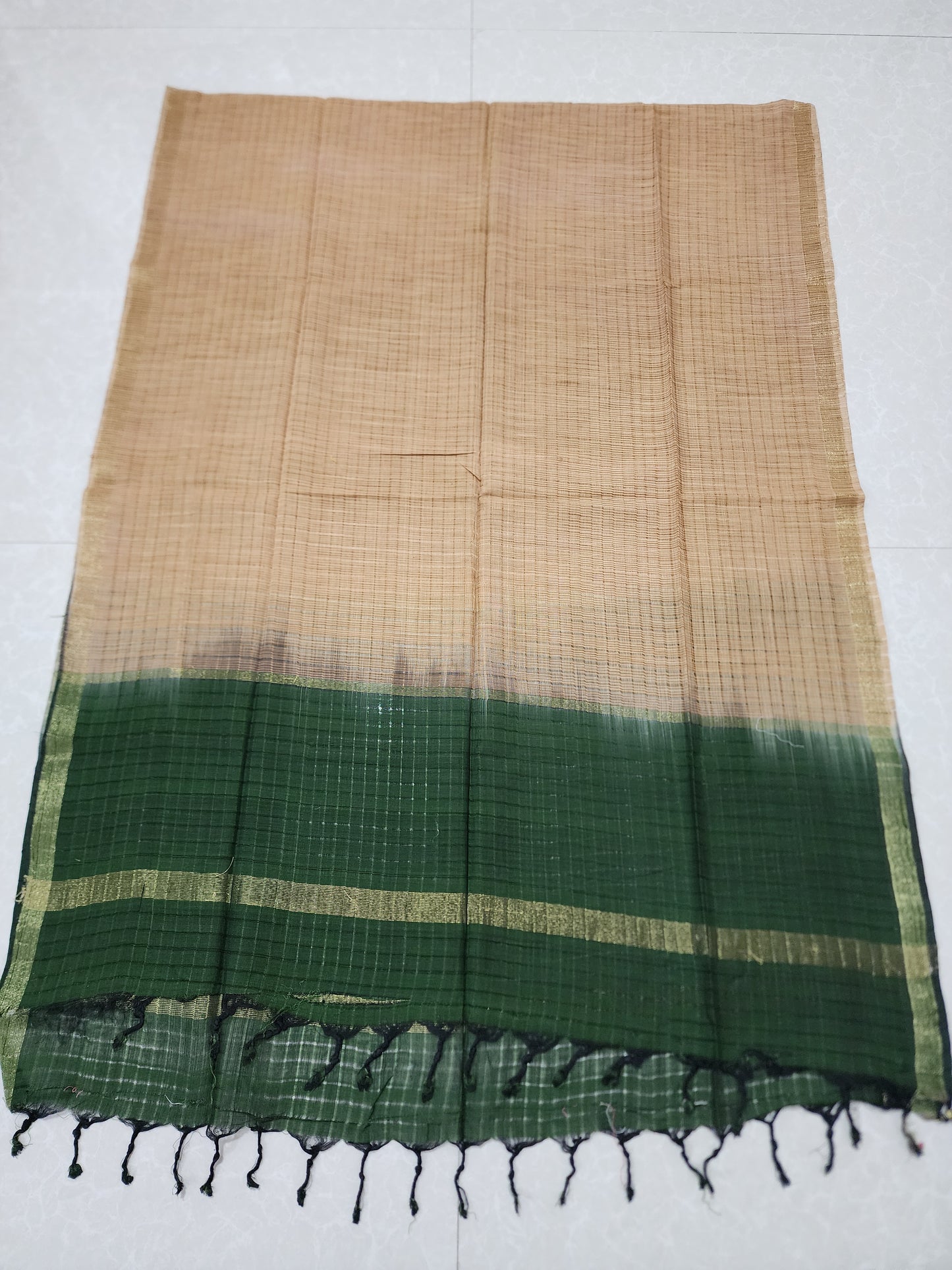 Handloom Cotton Beige and Green Dupatta