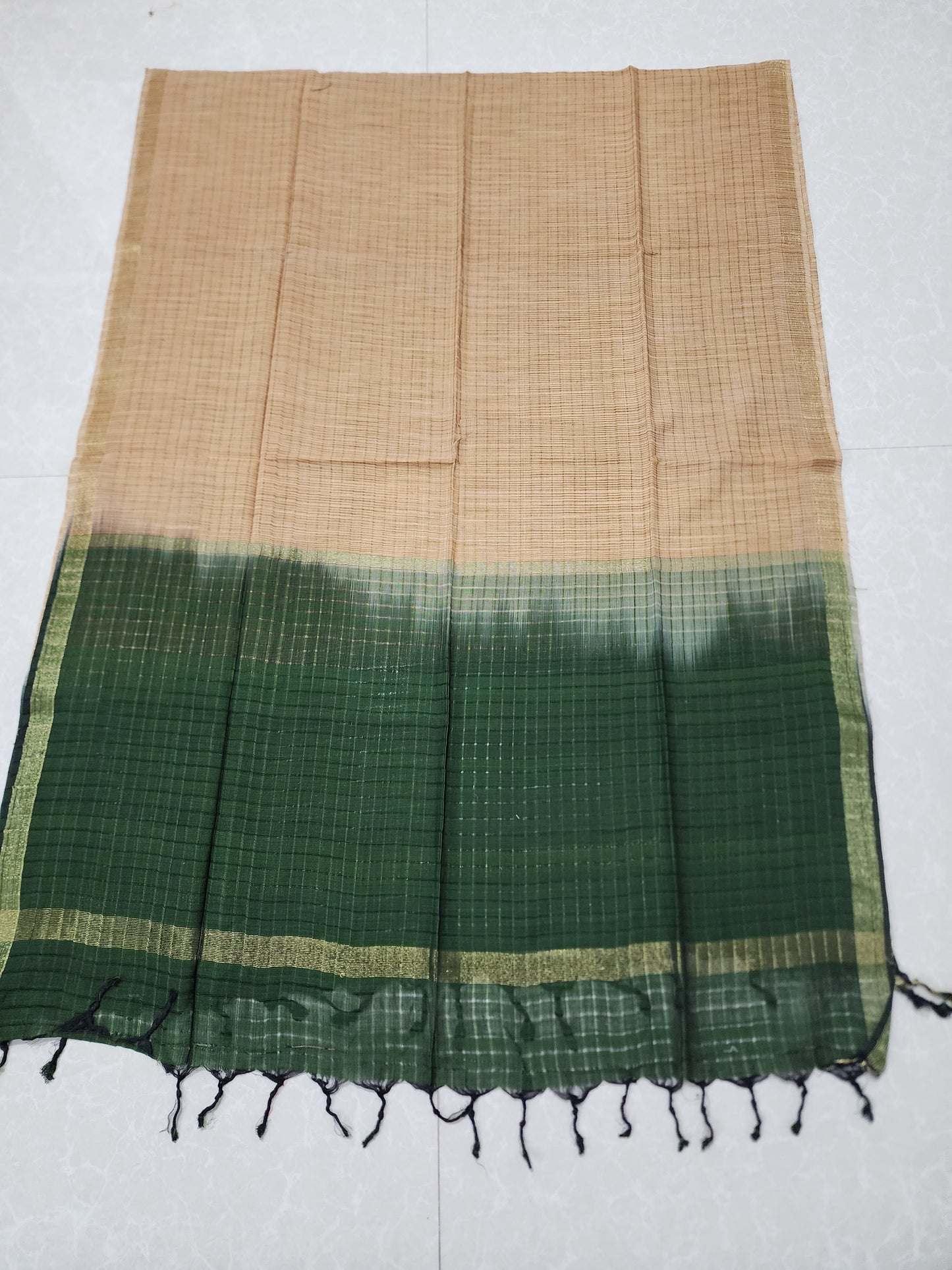 Handloom Cotton Beige and Green Dupatta