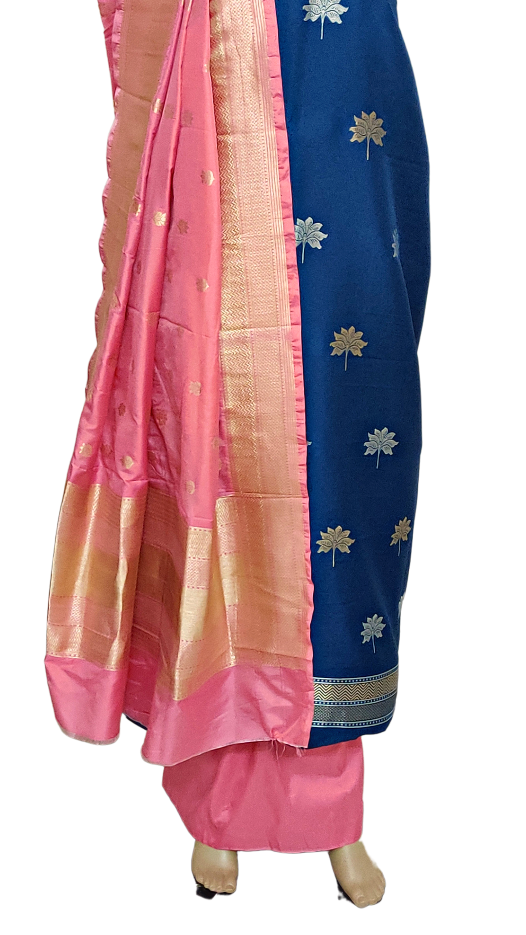 Banarasi Dress Material: Blue & Light Pink Ensemble with Gold Borders