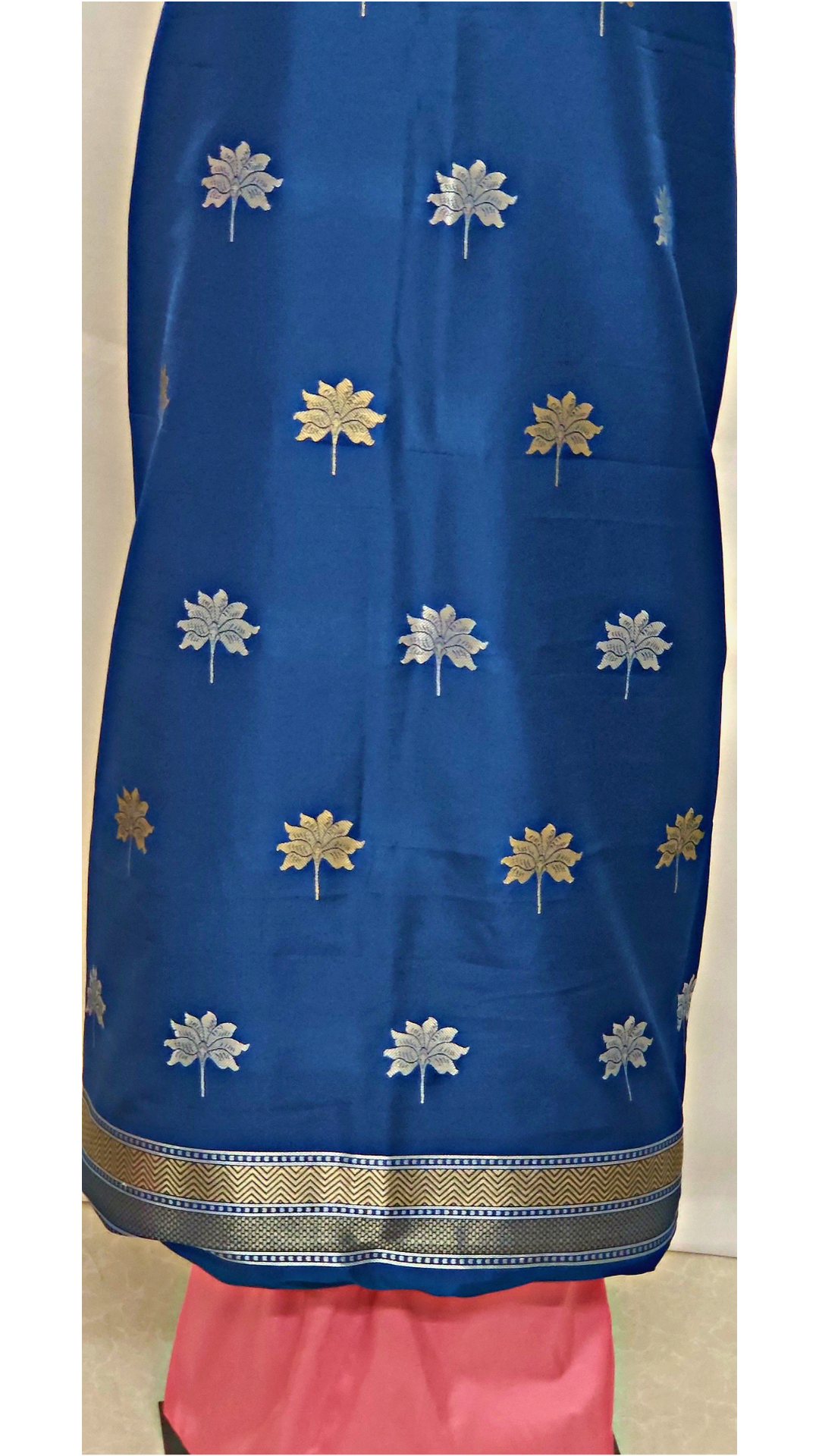 Banarasi Dress Material: Blue & Light Pink Ensemble with Gold Borders