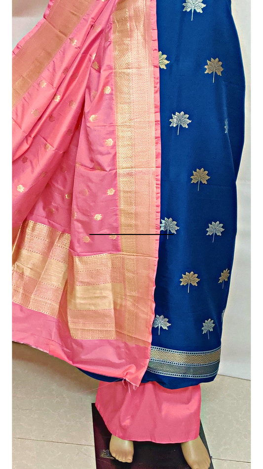 Banarasi Dress Material: Blue & Light Pink Ensemble with Gold Borders