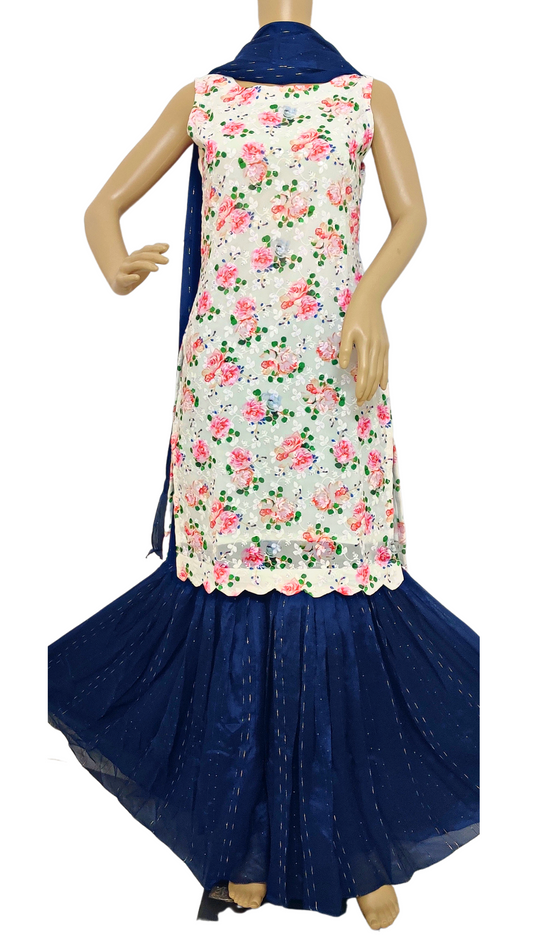 Floral White with Blue Colour Sharara Set