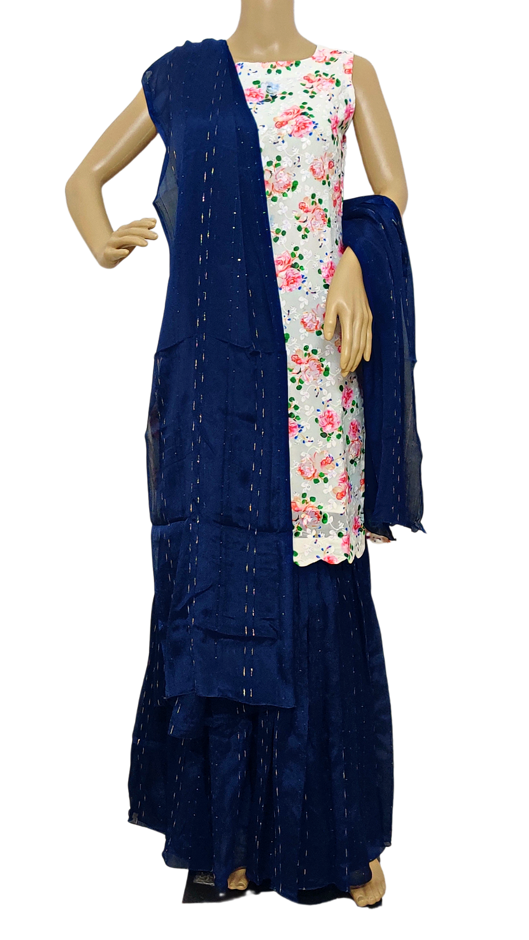 Floral White with Blue Colour Sharara Set