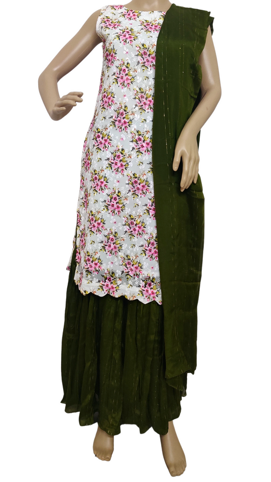 Floral White with Green Colour Sharara Set