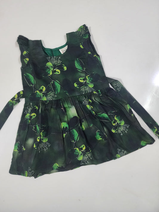 Bottle Green Floral Digital Print Kids Frock