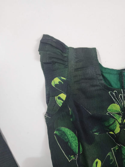 Bottle Green Floral Digital Print Kids Frock