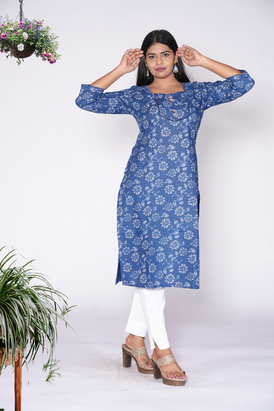 Woodbutton Blue Cotton Kurti