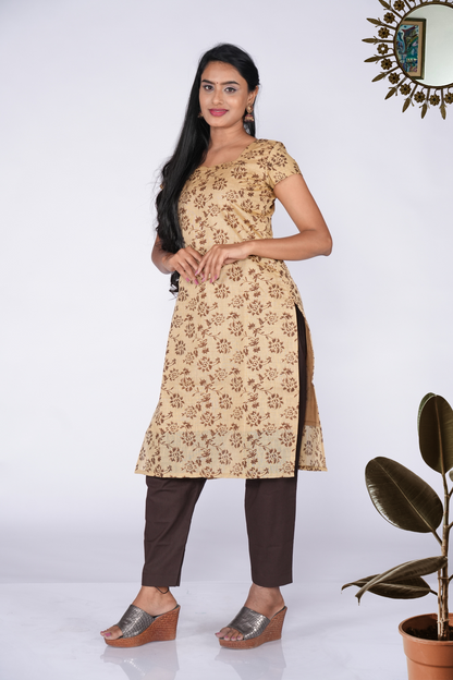 Cream Coffee Block Printed Kurti