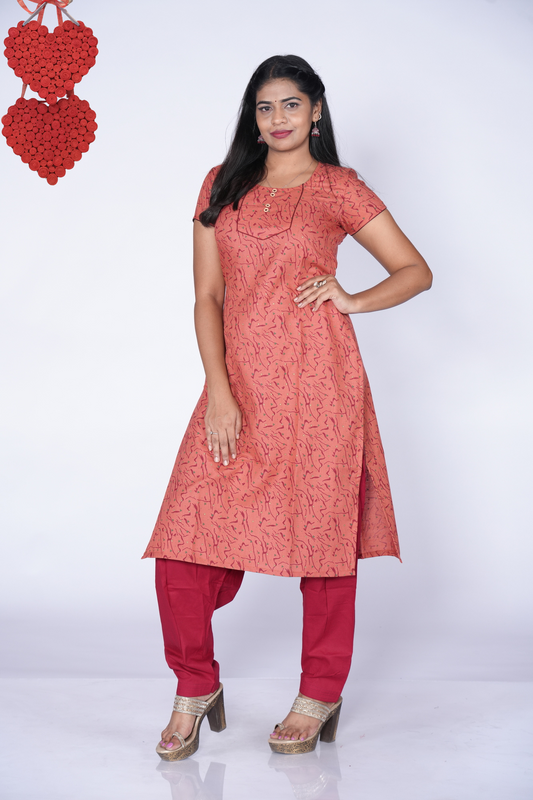 Woodbutton Brick Red Cotton Kurti