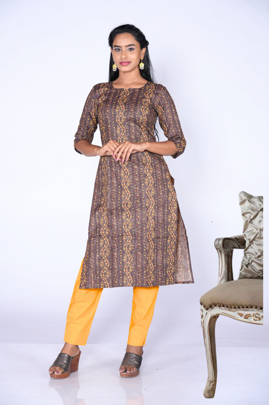 Grey & Yellow Fusion Cotton Kurti