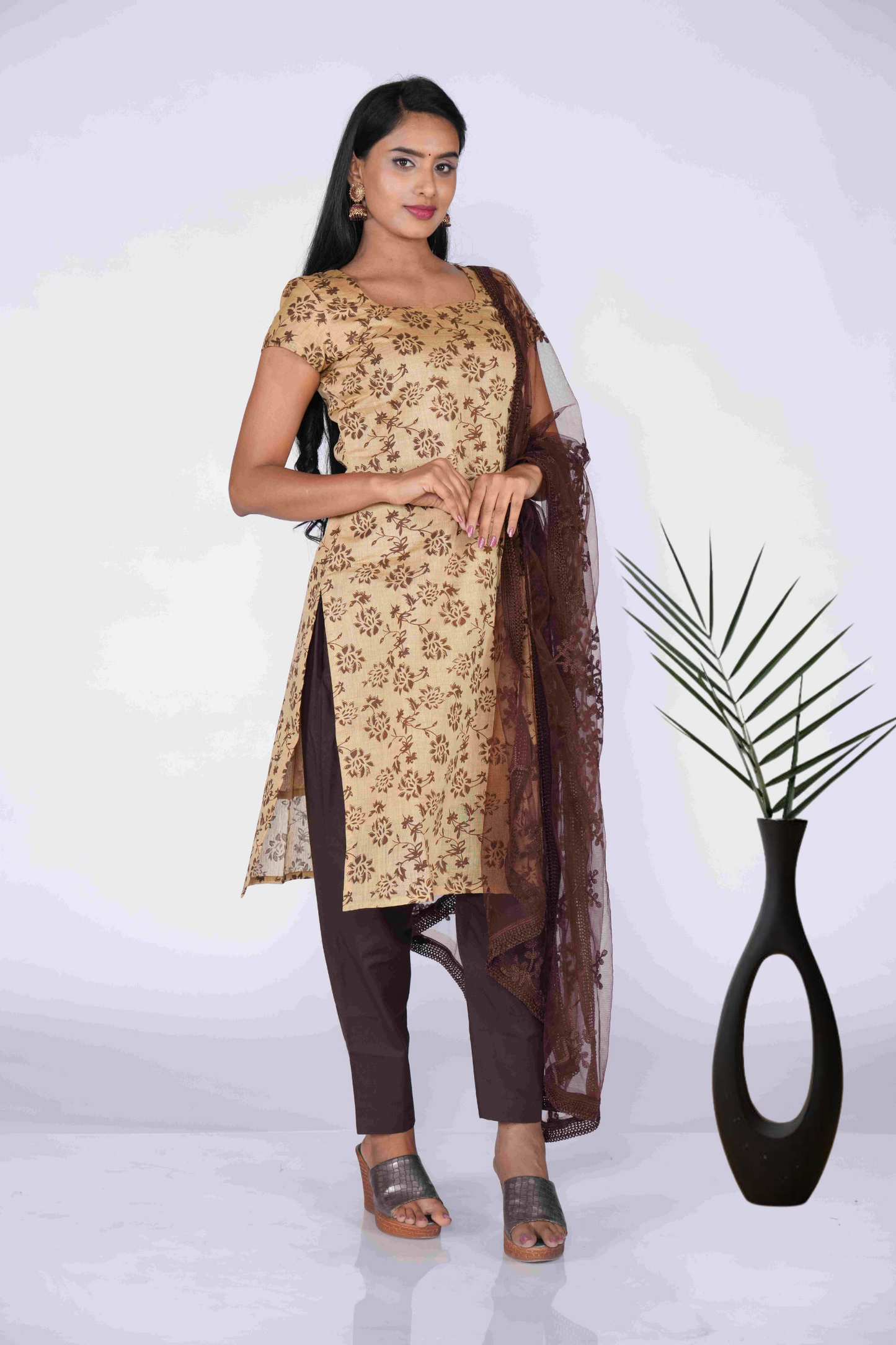 Cream Coffee Block Printed Kurti