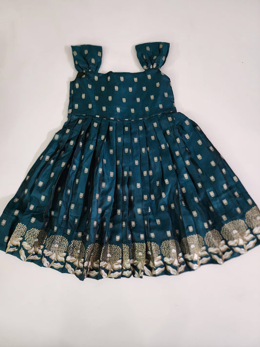 Banaras Bottle Green Frock with Beautiful Bootees