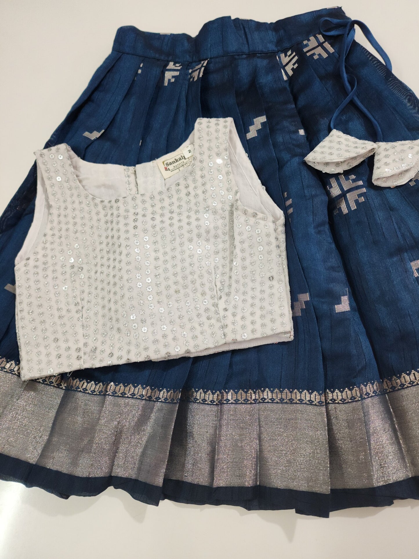 White and Blue Sequined Kid's Lehenga