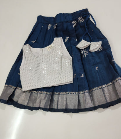 White and Blue Sequined Kid's Lehenga