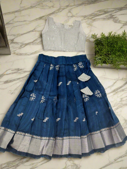 White and Blue Sequined Kid's Lehenga