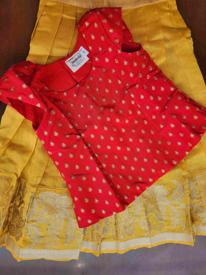 Chanderi Frills Lehenga with Red Banarasi Crop Top