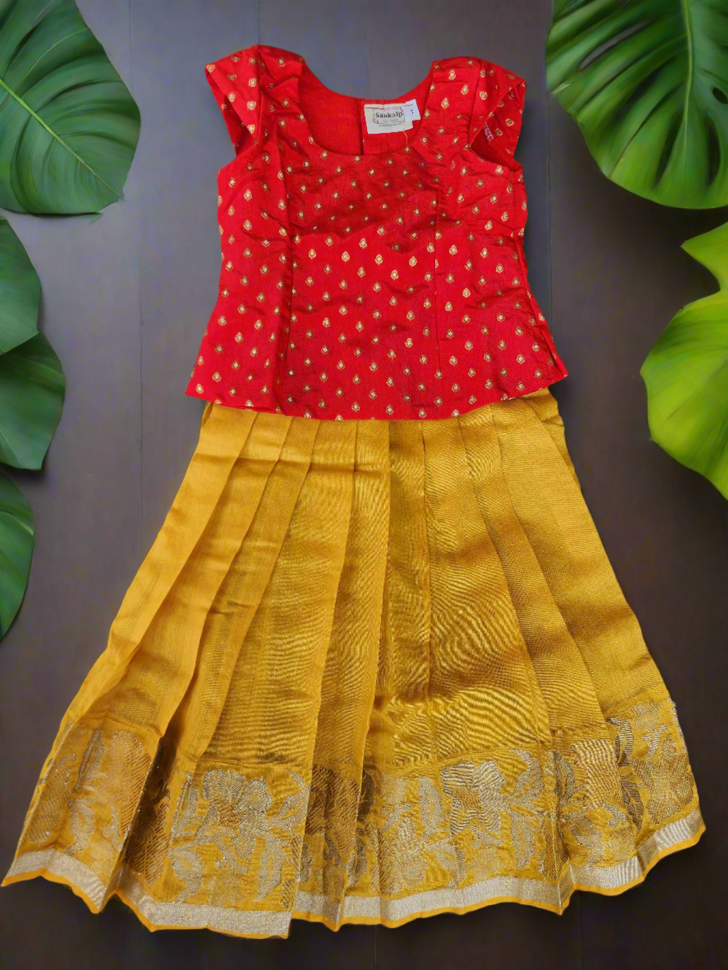 Chanderi Frills Lehenga with Red Banarasi Crop Top