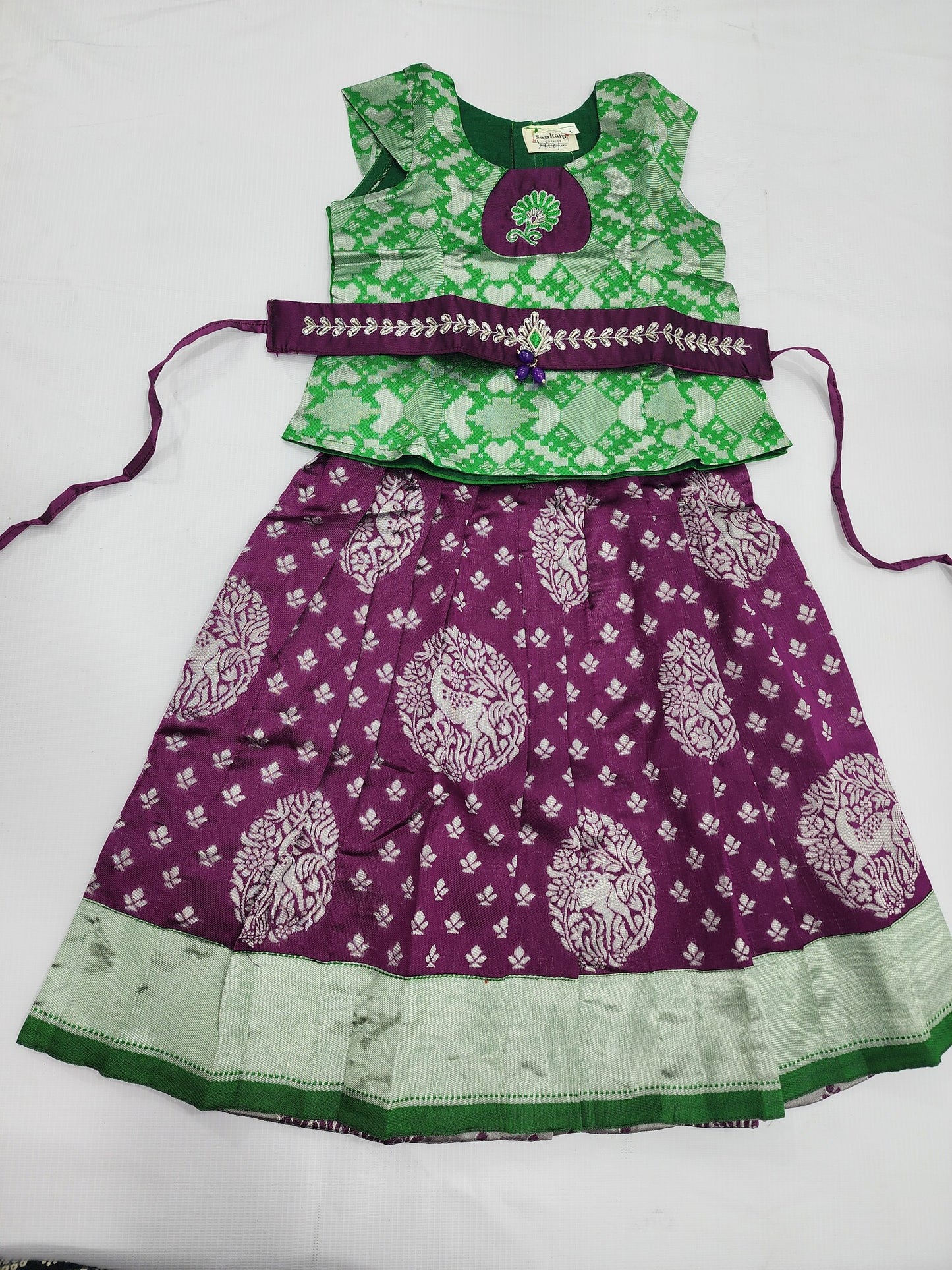 Banaras Grape Lahenga Set with Green Blouse