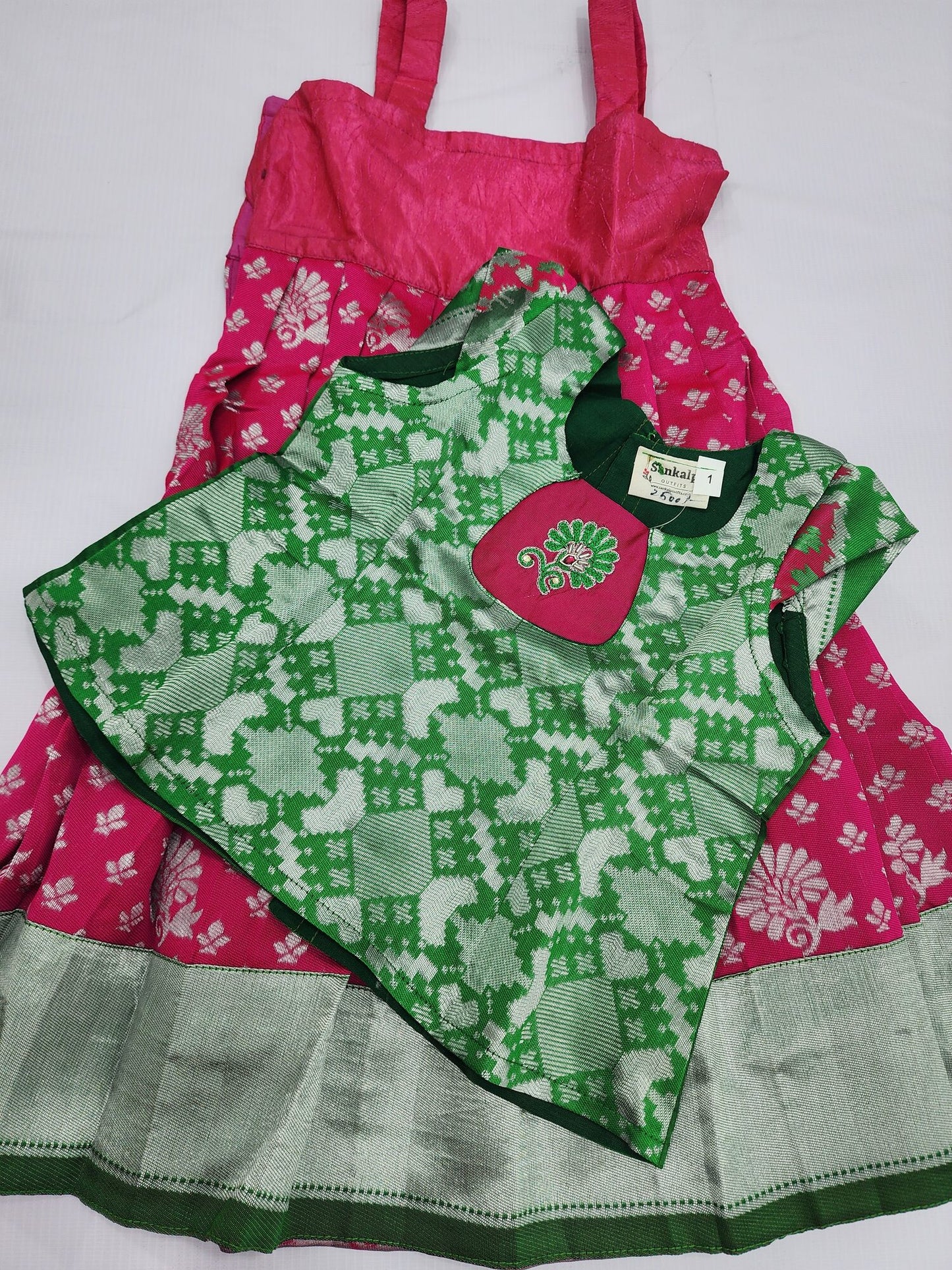 Banaras Pink Lehenga Set with Green Blouse