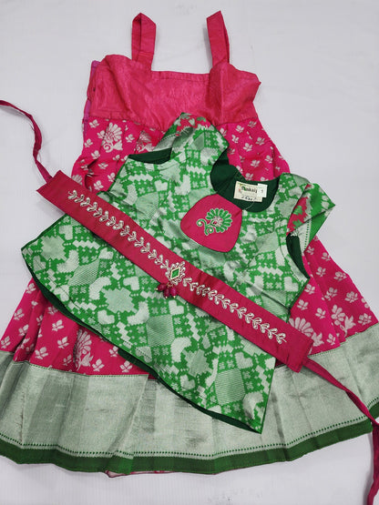 Banaras Pink Lehenga Set with Green Blouse