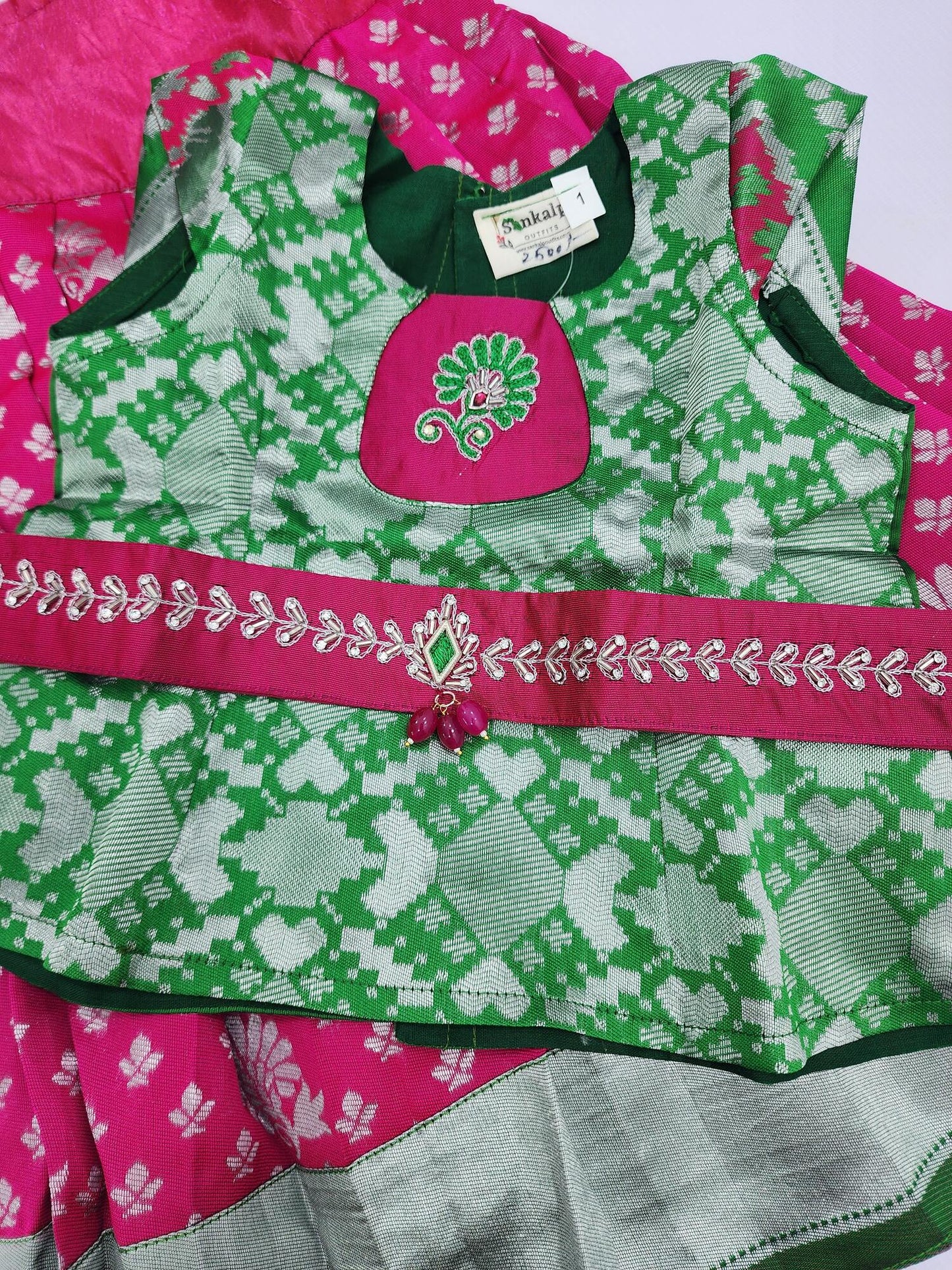 Banaras Pink Lehenga Set with Green Blouse