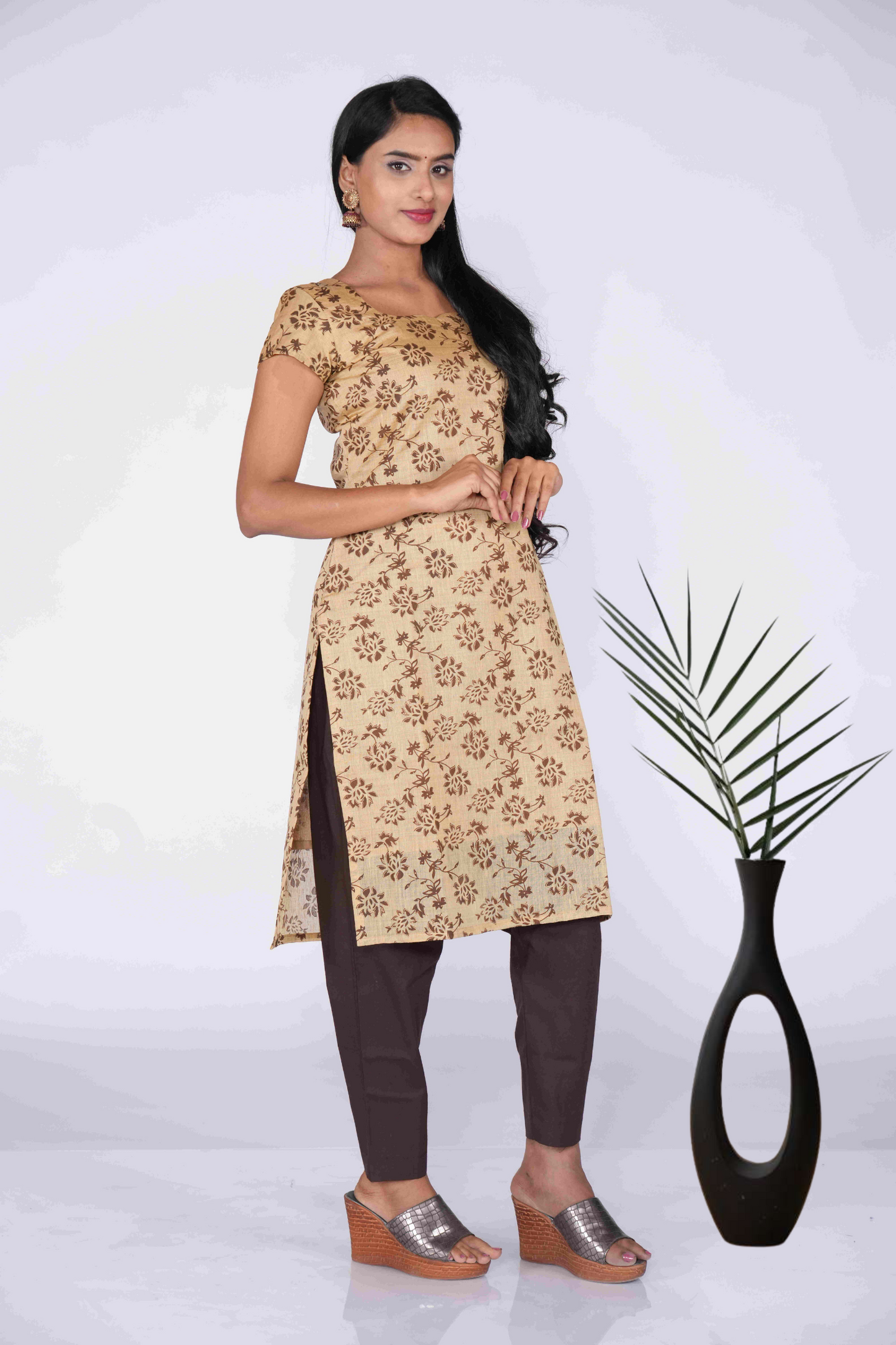 Cream Coffee Block Printed Kurti