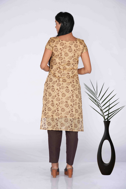 Cream Coffee Block Printed Kurti