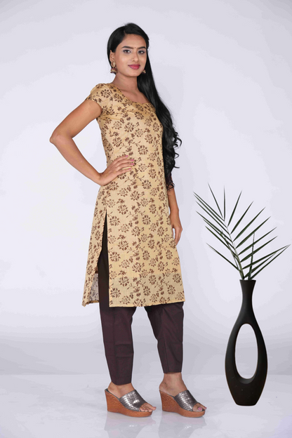 Cream Coffee Block Printed Kurti