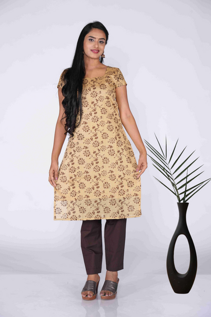 Cream Coffee Block Printed Kurti