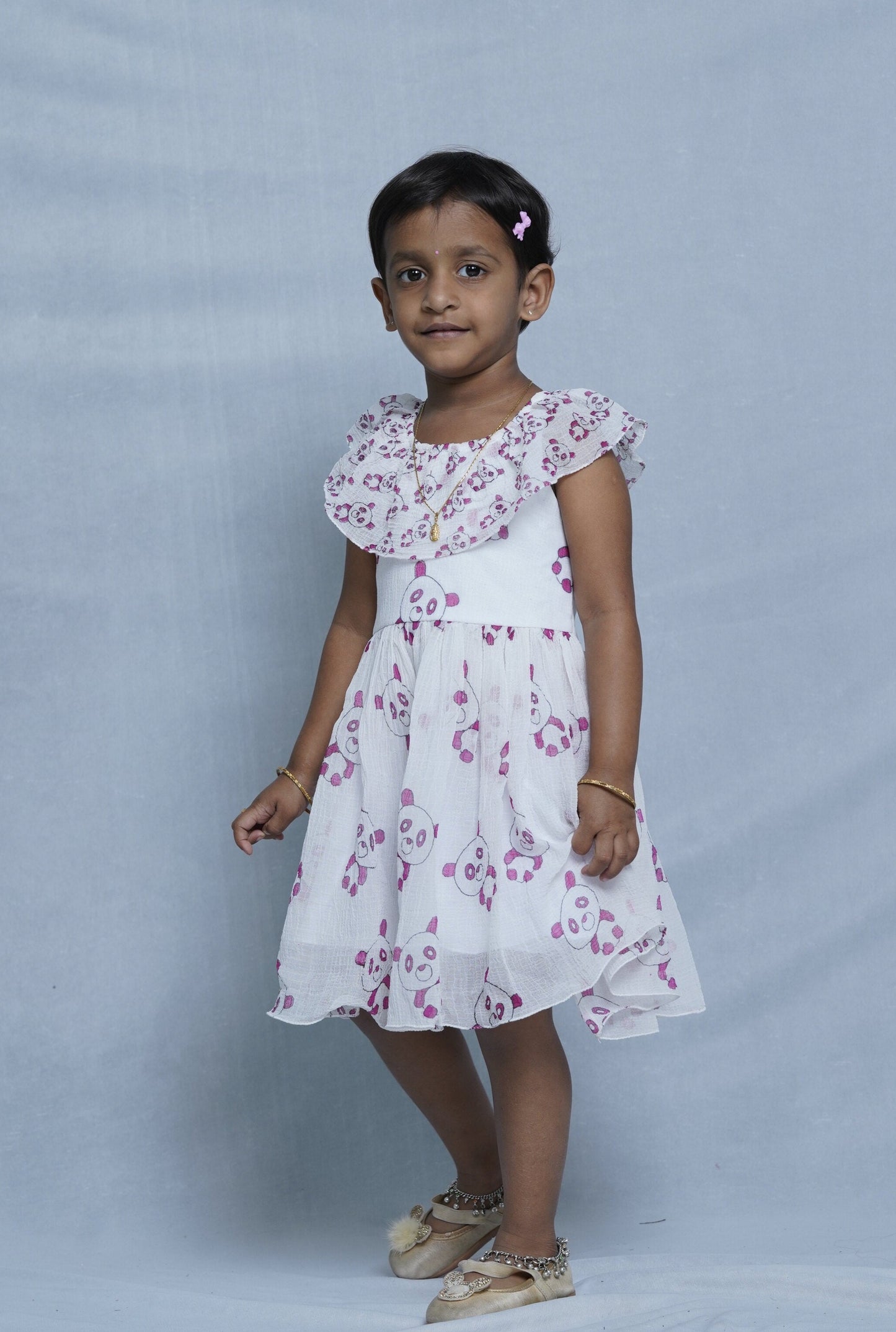 White Frock with Playfull teddy Print