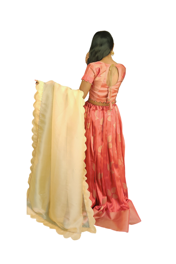 Chanderi Lahenga Brick Red & Tan Color