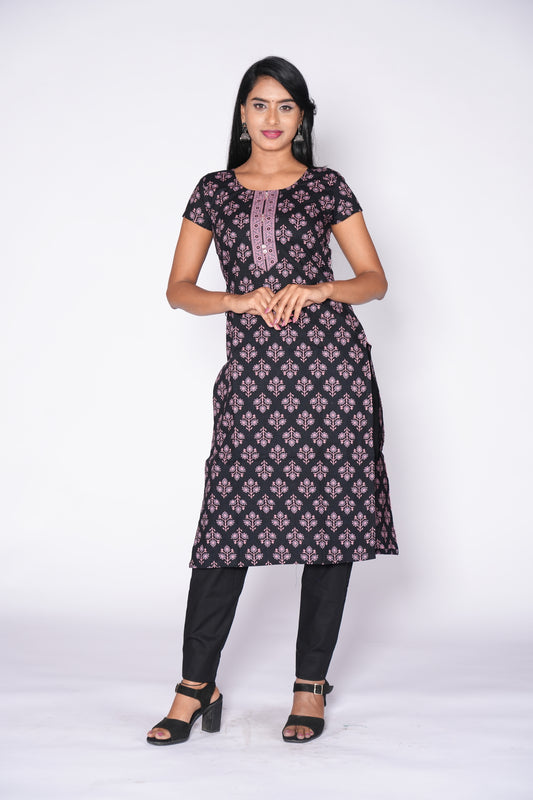 Black and Lavender Cotton Kurti