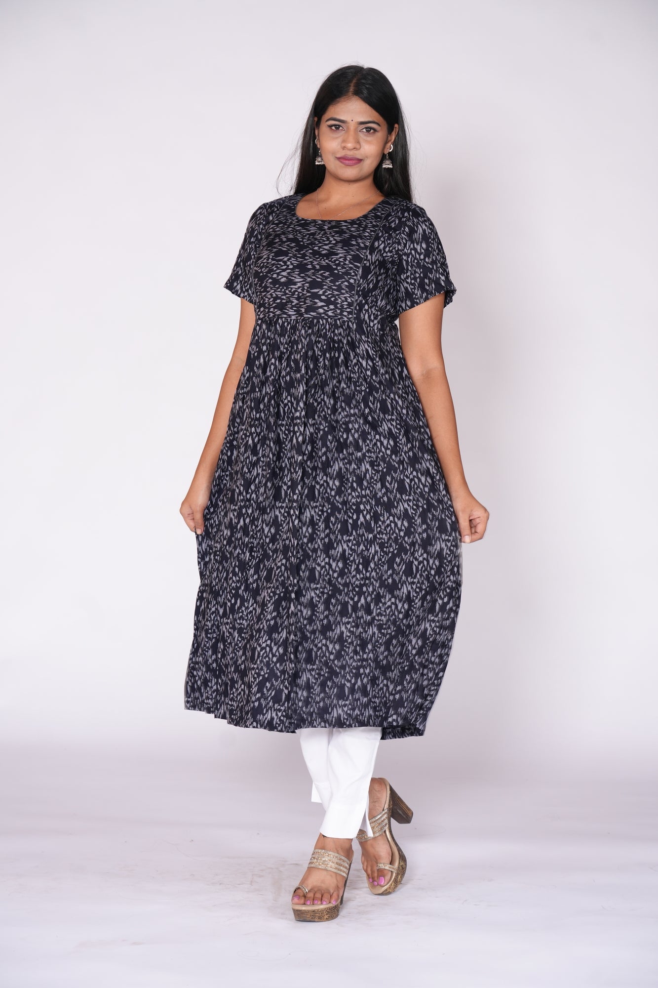 Frill Frock Self Printed Black Kurti