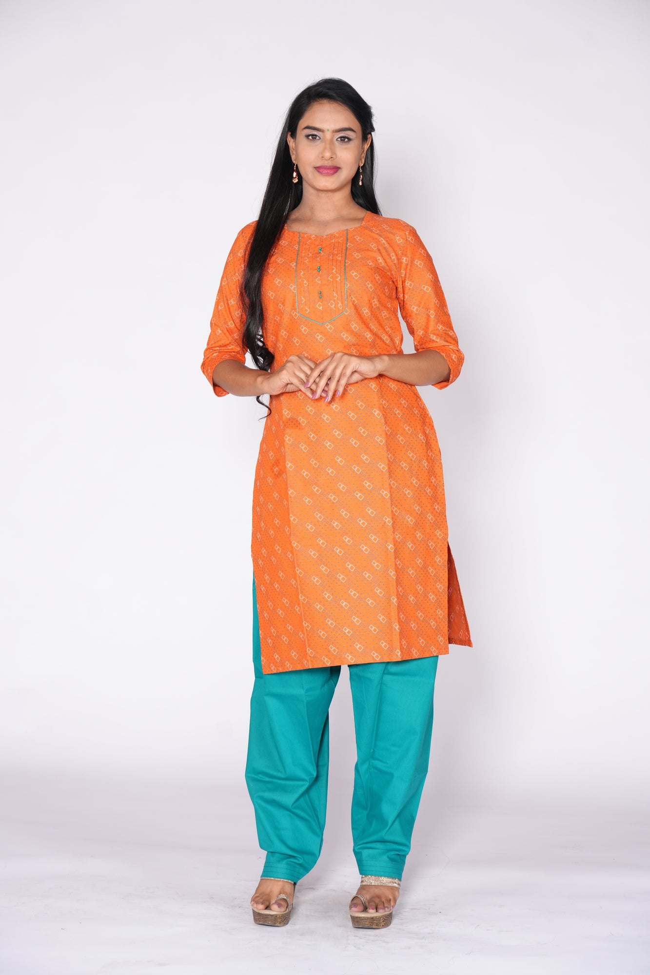 Geometric Pattern Kurti Orange Cotton