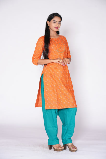 Geometric Pattern Kurti Orange Cotton