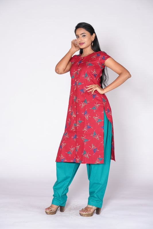 Maroon floral print Cotton Kurti