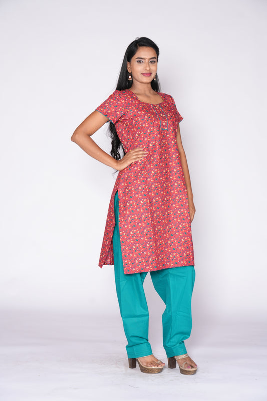 Red little floral print Cotton Kurti